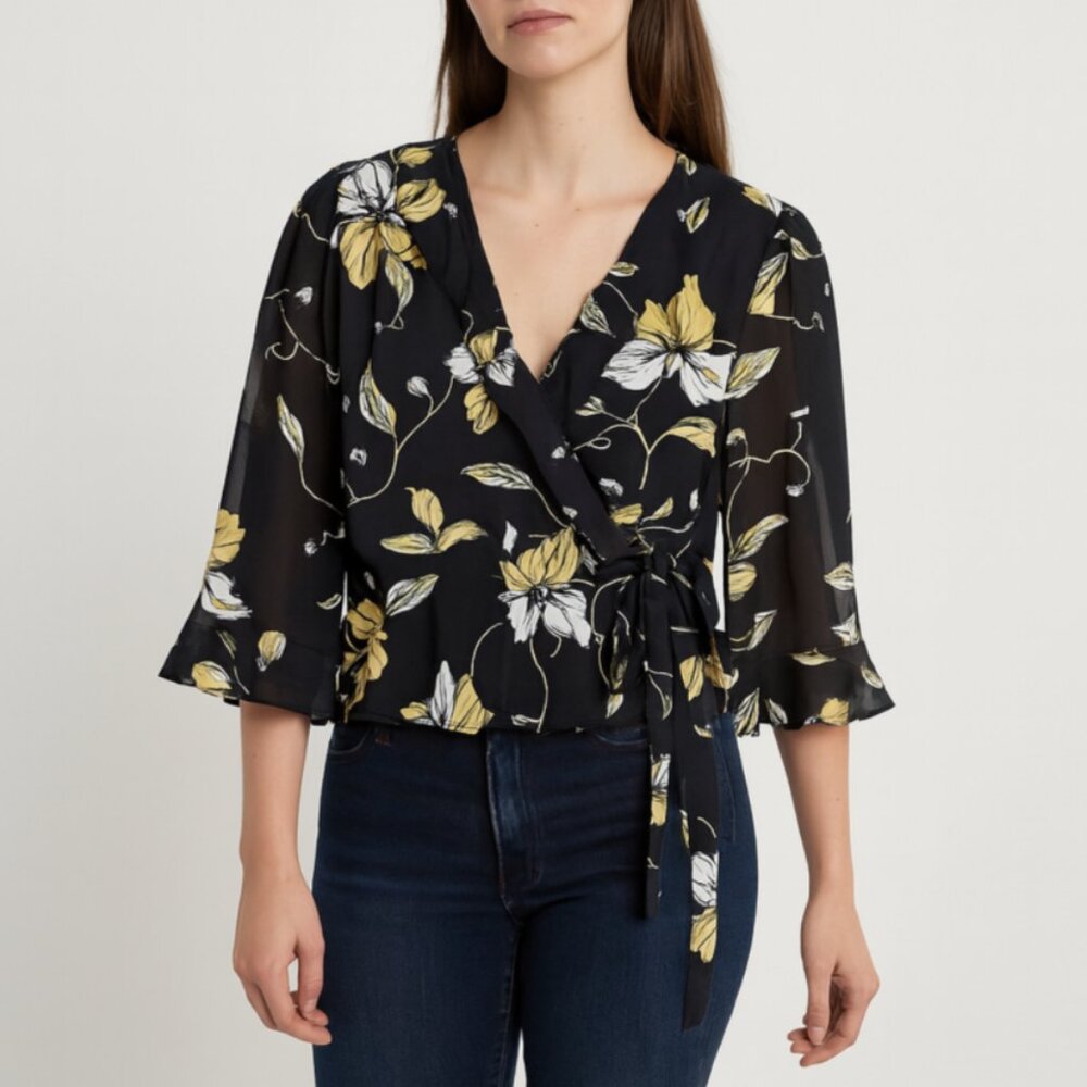 Bardot Floral Wrap Blouse Black Yellow Long Sleeve Top Women’s Size 6 Coquette
